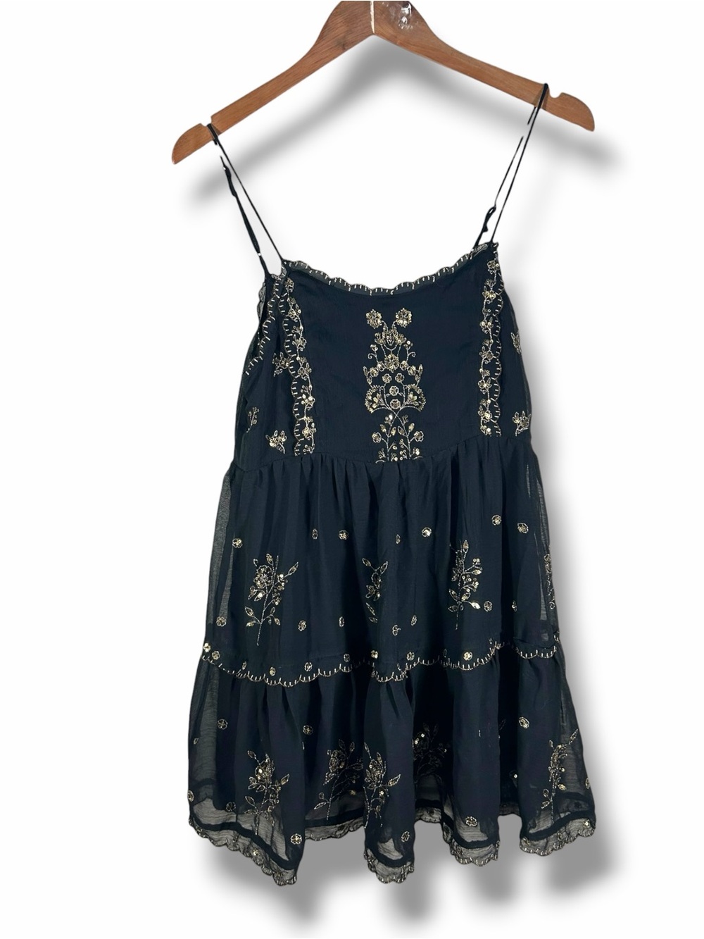 Urban Outfitters Black Boho Gold Embroidered Tiered Babydoll Mini Dress Size S